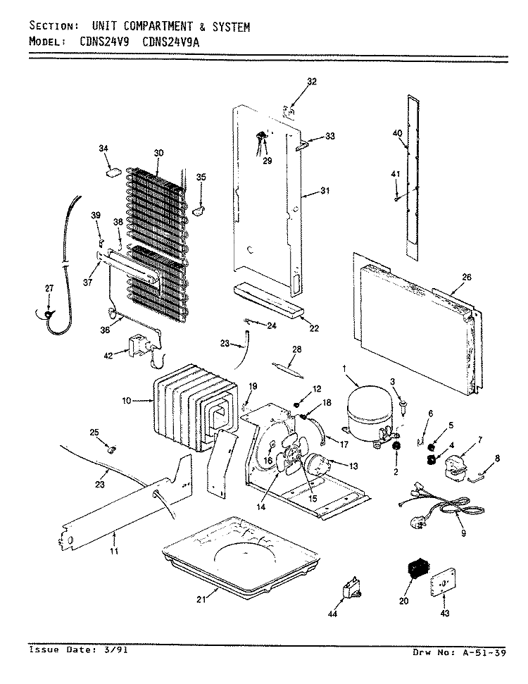 UNIT COMPARTMENT & SYSTEM Diagram and Parts List for CDNS24V9A BR86C Admiral Refrigerator