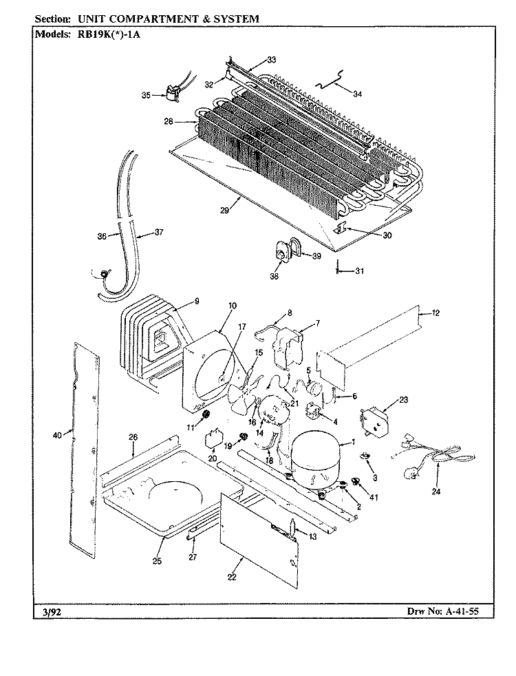 UNIT COMPARTMENT & SYSTEM Diagram and Parts List for RB19KA-1A BG51A Admiral Refrigerator