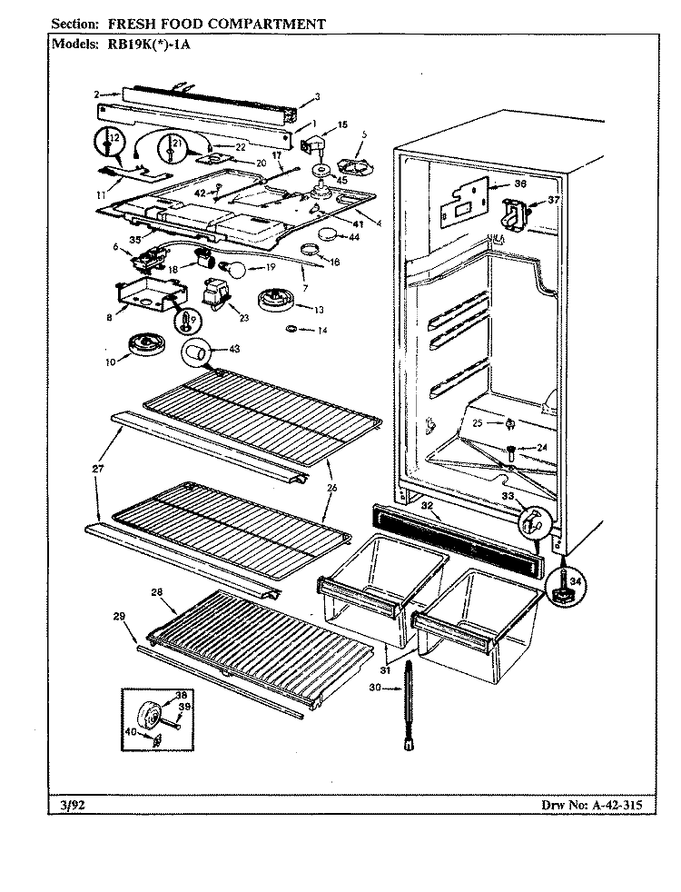 FRESH FOOD COMPARTMENT Diagram and Parts List for RB19KA-1A BG51A Admiral Refrigerator