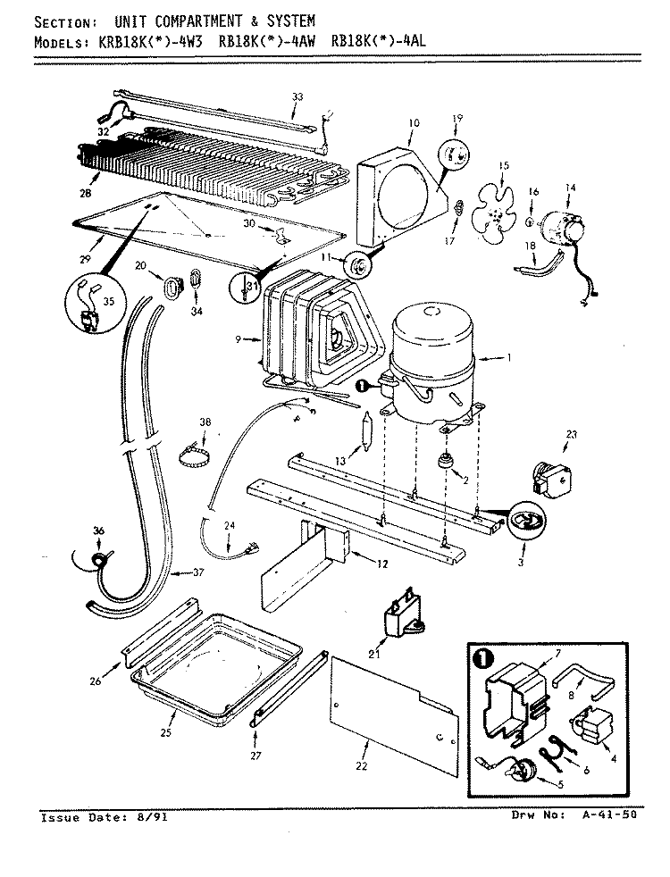 UNIT COMPARTMENT & SYSTEM Diagram and Parts List for RB18KA-4AL AG44B Admiral Refrigerator