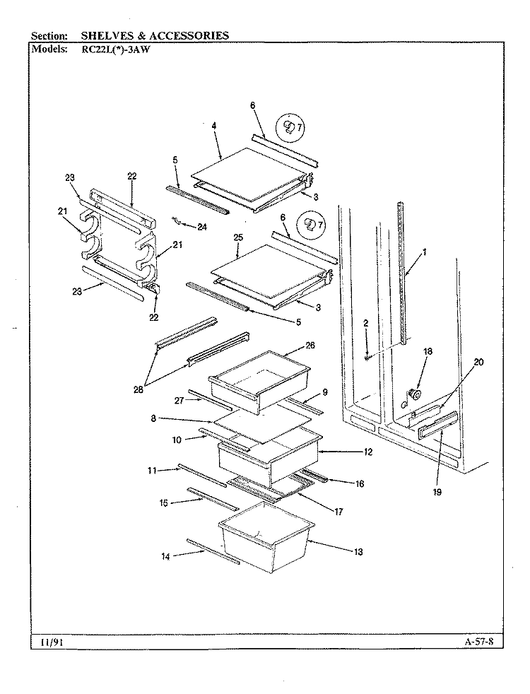 SHELVES & ACCESSORIES Diagram and Parts List for RC22LA-3AW BS32D Admiral Refrigerator