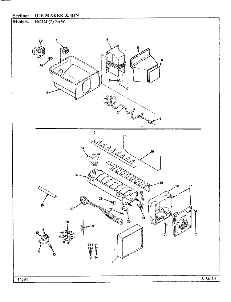 ICE MAKER & BIN Diagram and Parts List for RC22LA-3AW BS32D Admiral Refrigerator
