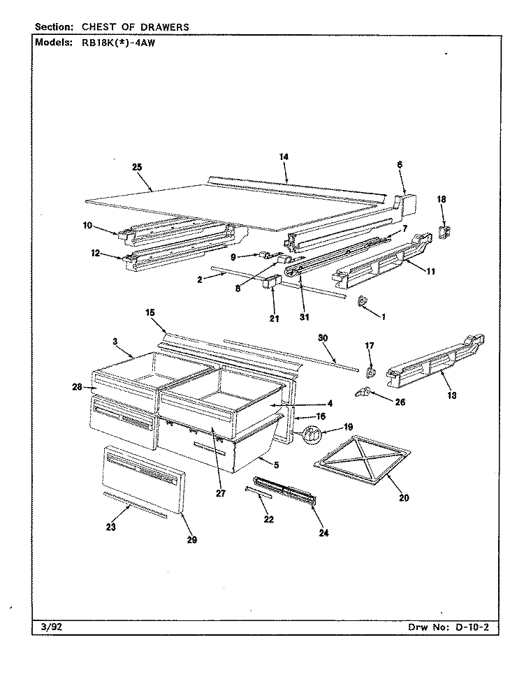 CHEST OF DRAWERS Diagram and Parts List for RB18KA-4AW BG42C Admiral Refrigerator