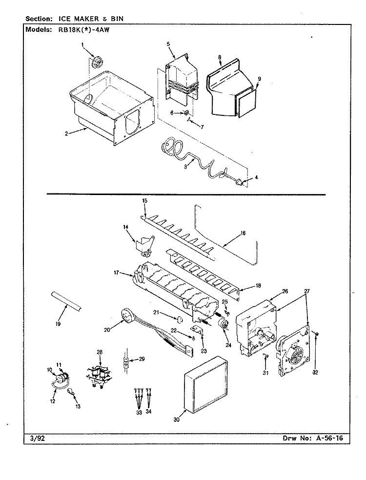 ICE MAKER & BIN Diagram and Parts List for RB18KA-4AW BG42C Admiral Refrigerator