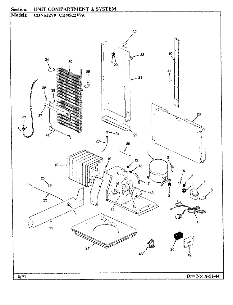 UNIT COMPARTMENT & SYSTEM Diagram and Parts List for CDNS22V9A BR36F Admiral Refrigerator