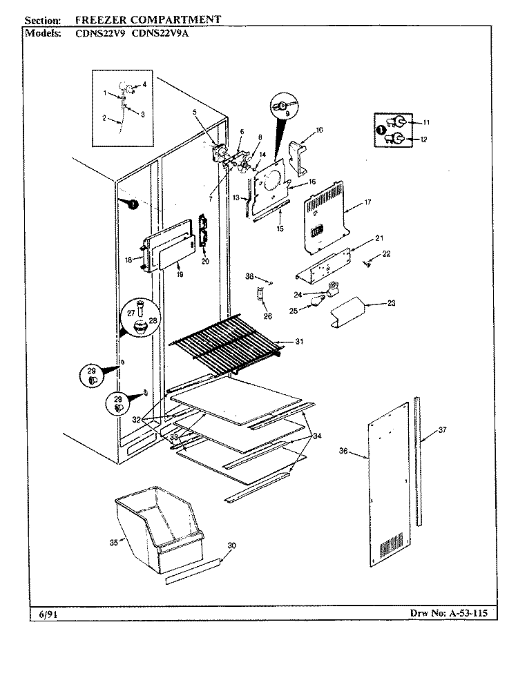 FREEZER COMPARTMENT Diagram and Parts List for CDNS22V9A BR36F Admiral Refrigerator