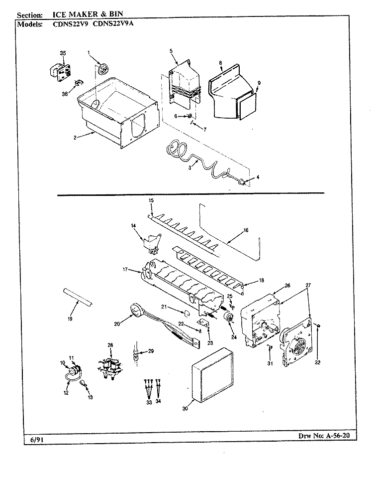 ICE MAKER & BIN Diagram and Parts List for CDNS22V9A BR36F Admiral Refrigerator