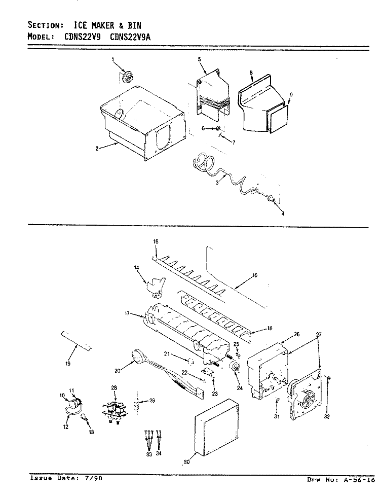 ICE MAKER & BIN Diagram and Parts List for CDNS22V9 AR35A Admiral Refrigerator