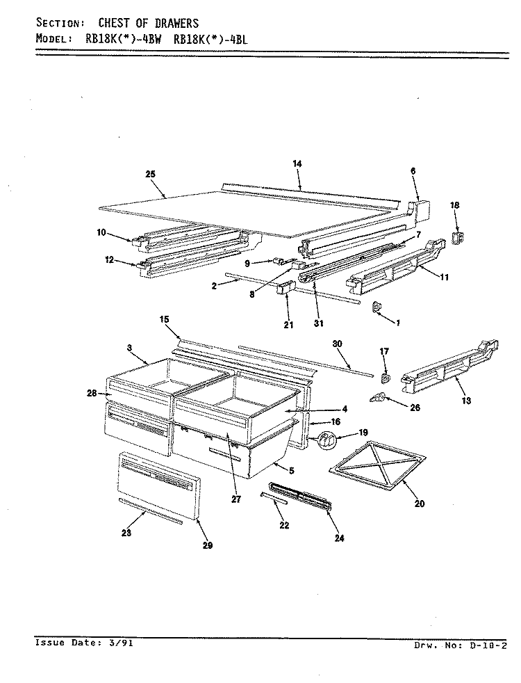 CHEST OF DRAWERS Diagram and Parts List for RB18KA-4BW BG46A Admiral Refrigerator