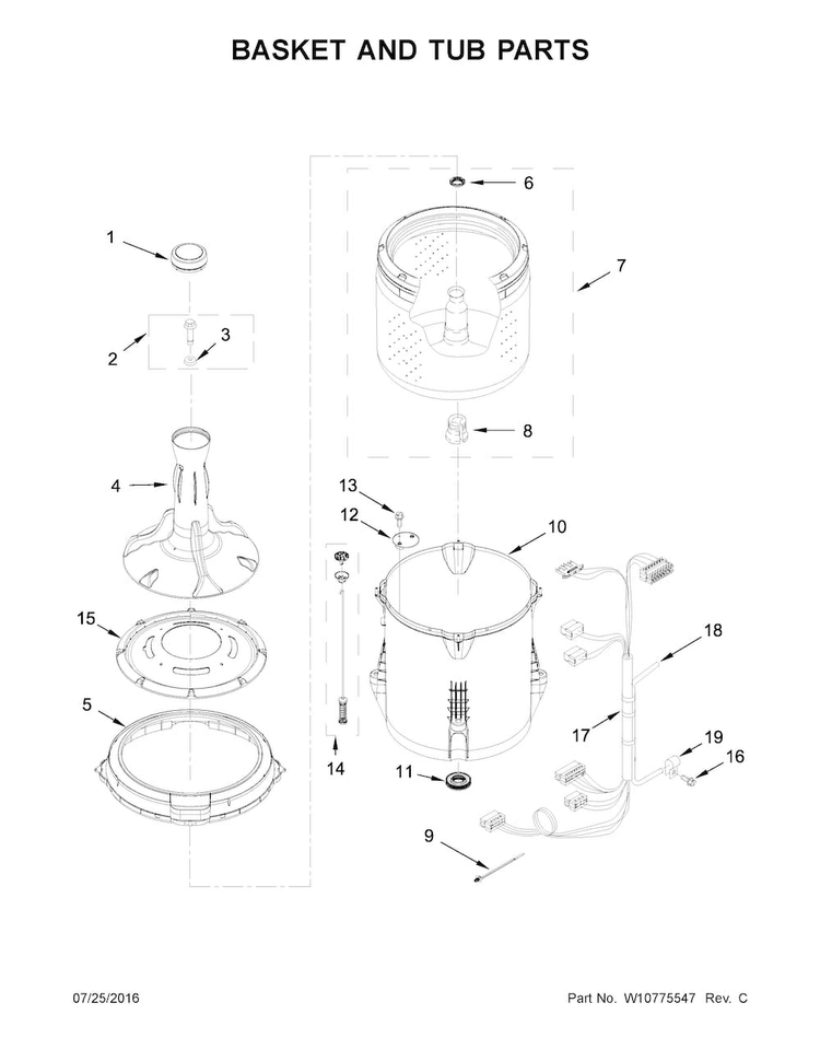 Basket And Tub Parts Diagram and Parts List for NTW4655EW0  Amana Washer