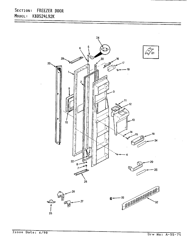 FREEZER DOOR Diagram and Parts List for KBDS24L92KA AP82A Admiral Refrigerator