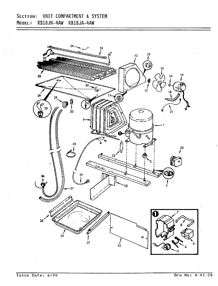 UNIT COMPARTMENT & SYSTEM Diagram and Parts List for RB18JA-4AW 9A32A Admiral Refrigerator