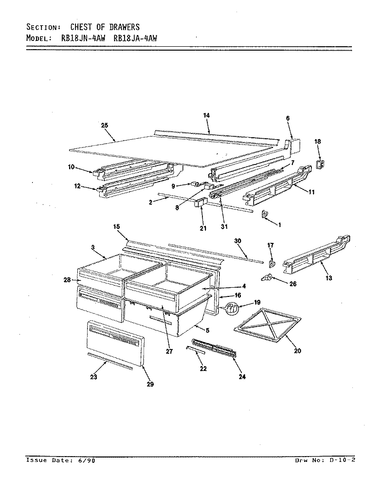CHEST OF DRAWERS Diagram and Parts List for RB18JA-4AW 9A32A Admiral Refrigerator