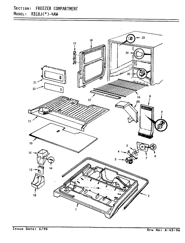 FREEZER COMPARTMENT Diagram and Parts List for RB18JN-4AW 9A32B Admiral Refrigerator