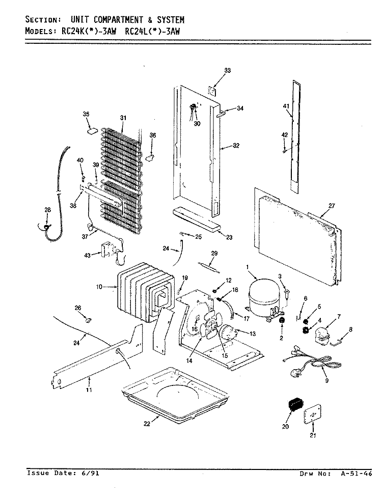 UNIT COMPARTMENT & SYSTEM Diagram and Parts List for RC24KN-3AW AS82A Magic Chef Refrigerator
