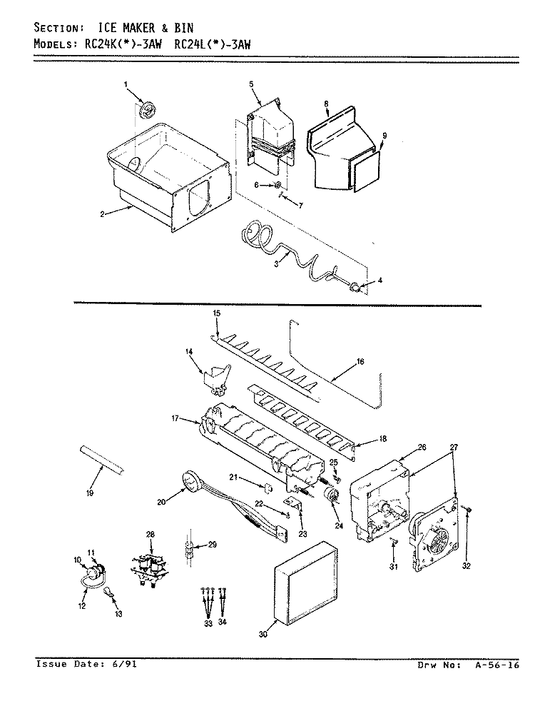 ICE MAKER & BIN Diagram and Parts List for RC24KN-3AW AS82A Magic Chef Refrigerator