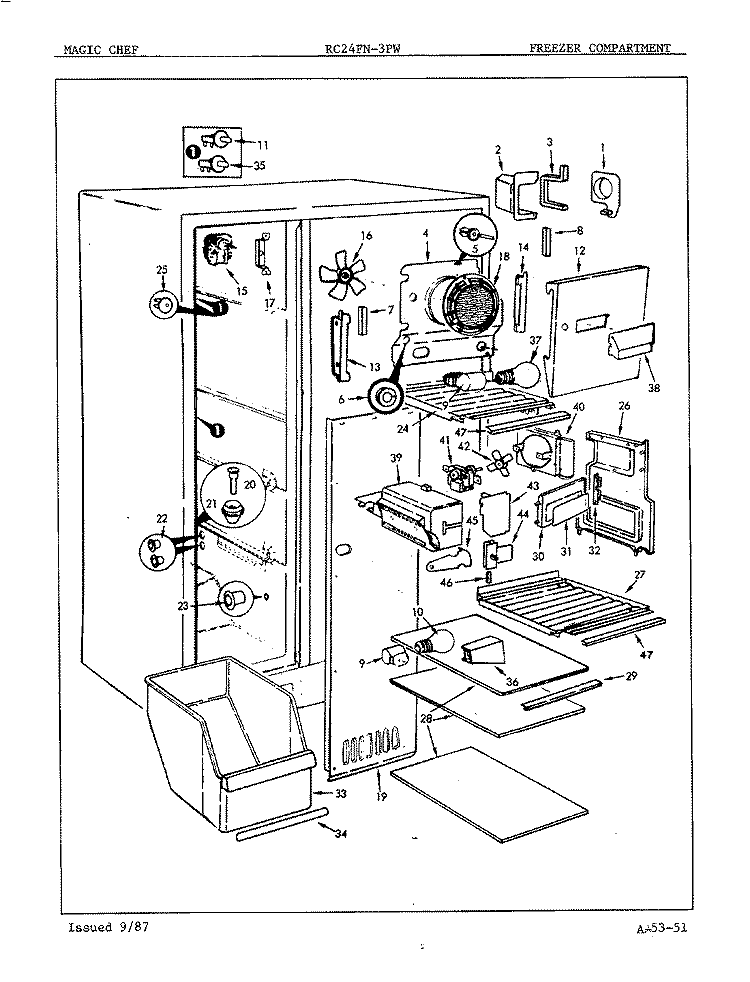 FREEZER COMPARTMENT Diagram and Parts List for RC24FY-3PW 5N59A Magic Chef Refrigerator
