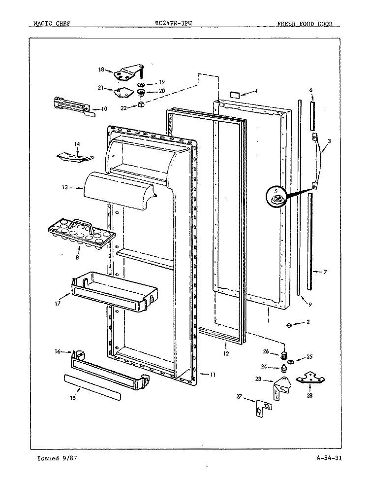 FRESH FOOD DOOR Diagram and Parts List for RC24FA-3PW 7N21A Magic Chef Refrigerator