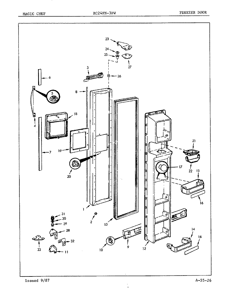 FREEZER DOOR Diagram and Parts List for RC24FA-3PW 7N21A Magic Chef Refrigerator