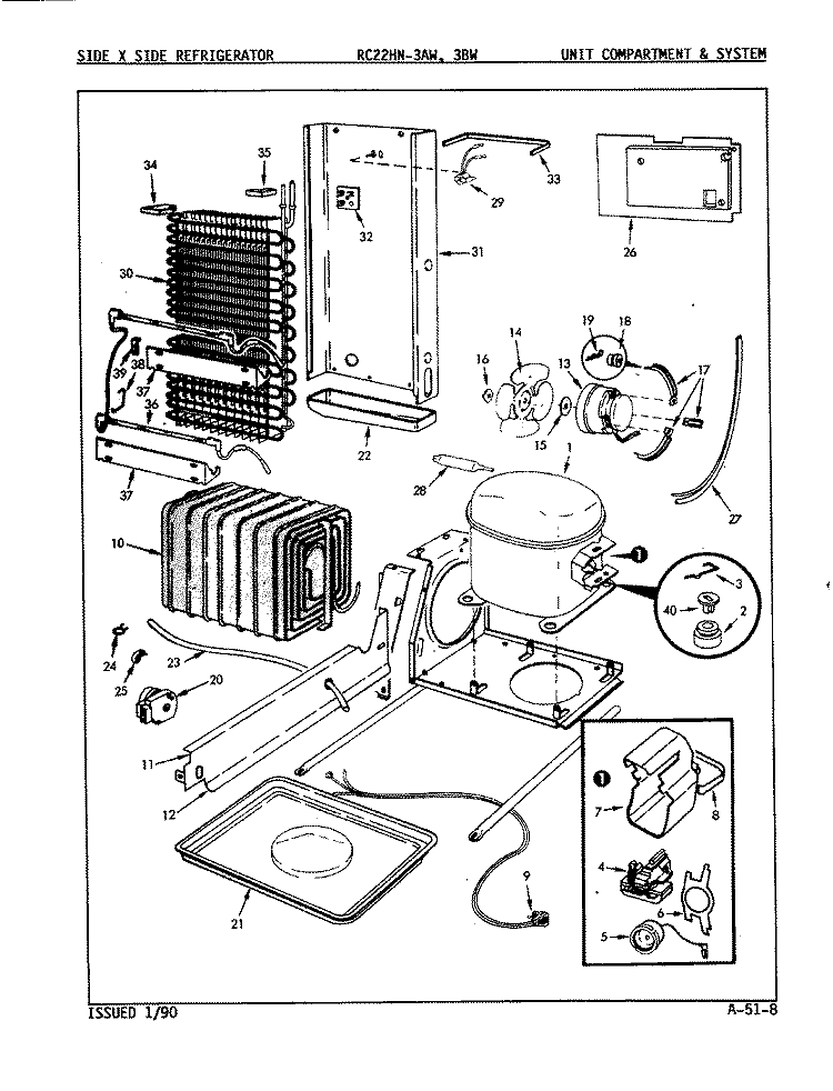 UNIT COMPARTMENT & SYSTEM Diagram and Parts List for RC22HN-3BW 8N79B Amana Refrigerator