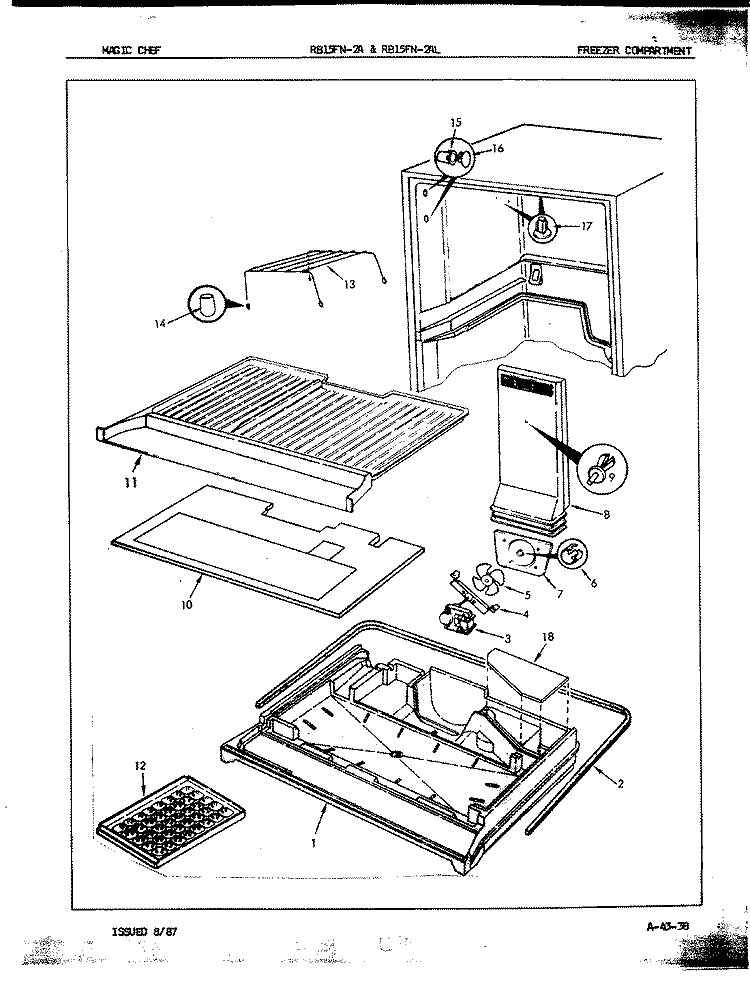 FREEZER COMPARTMENT Diagram and Parts List for RB15FA-2A 7C12A Magic Chef Refrigerator