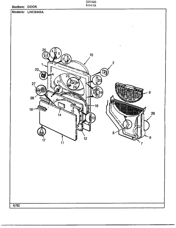 Door Diagram and Parts List for 8443A  Norge Dryer