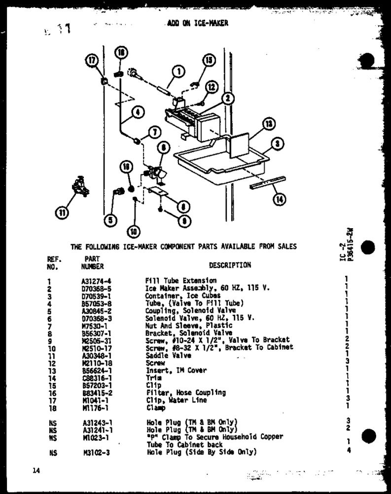 Add On Ice-Maker Diagram and Parts List for IC2-P3641502W-FRZ  Amana Freezer
