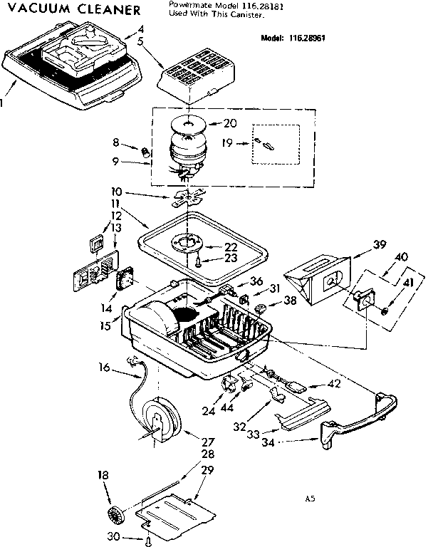 Base Assembly Diagram and Parts List for 11628961  Kenmore Canister Vacuum