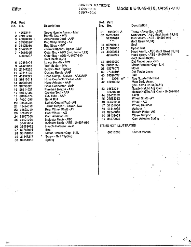 Sewing Machine Page 2 Diagram and Parts List for U4697-910  Hoover Upright Vacuum