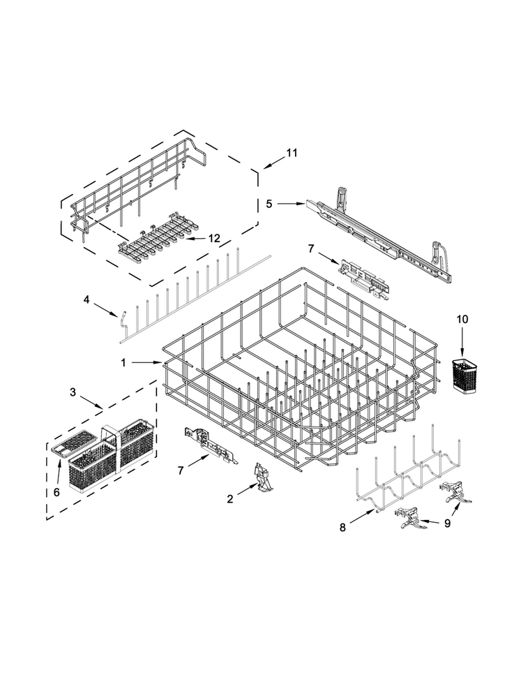 Lower Rack And Track Parts Diagram and Parts List for JDB9800CWP2  Jenn-Air Dishwasher