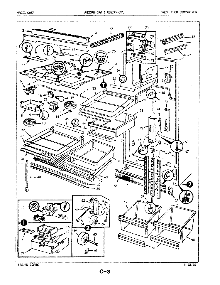 FRESH FOOD COMPARTMENT Diagram and Parts List for RB23FN-3PL 5E80B Admiral Refrigerator