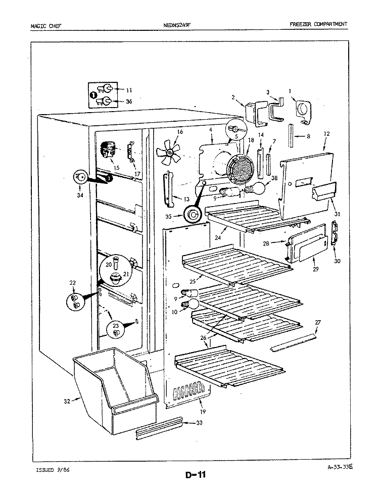 FREEZER COMPARTMENT Diagram and Parts List for NEDNS249FA 5M51B Crosley Refrigerator