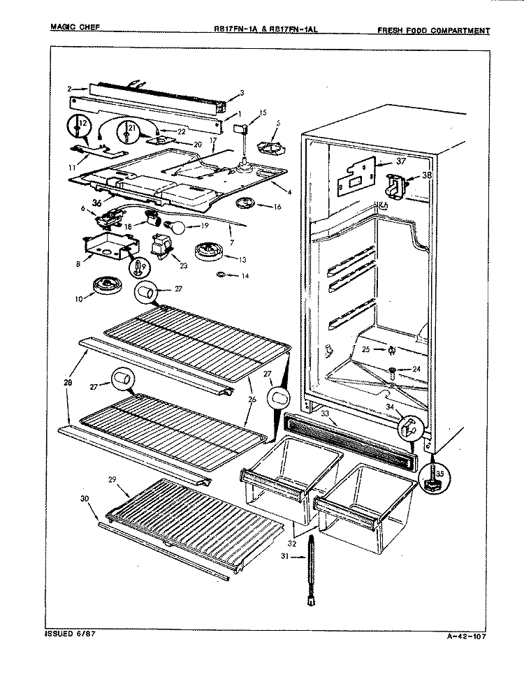 FRESH FOOD COMPARTMENT Diagram and Parts List for RB17FA-1A 7C15A Magic Chef Refrigerator