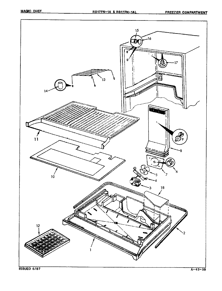 FREEZER COMPARTMENT Diagram and Parts List for RB17FA-1A 7C15A Magic Chef Refrigerator