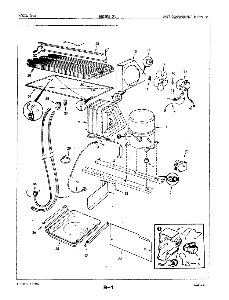 UNIT COMPARTMENT & SYSTEM Diagram and Parts List for RB23FN-3A 5E79A Magic Chef Refrigerator