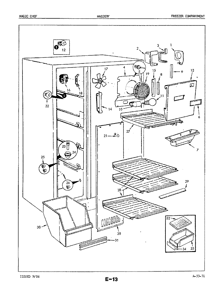 FREEZER COMPARTMENT Diagram and Parts List for NNS207FA 5M52B Crosley Refrigerator