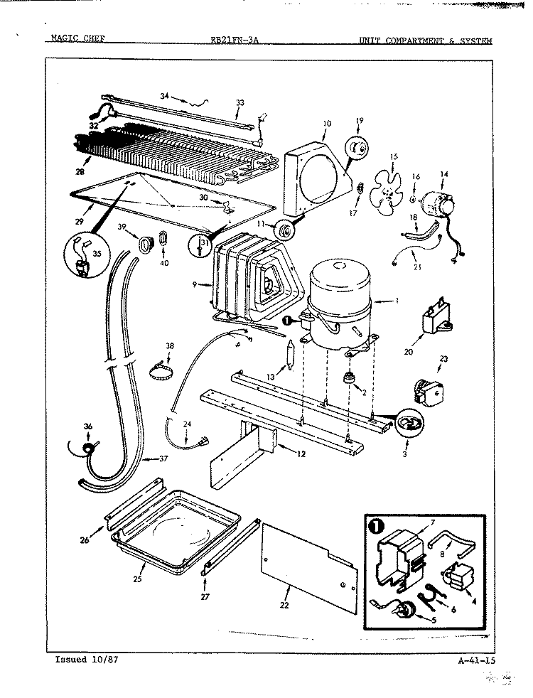 UNIT COMPARTMENT & SYSTEM Diagram and Parts List for RB21FA-3A 7C30A Magic Chef Refrigerator