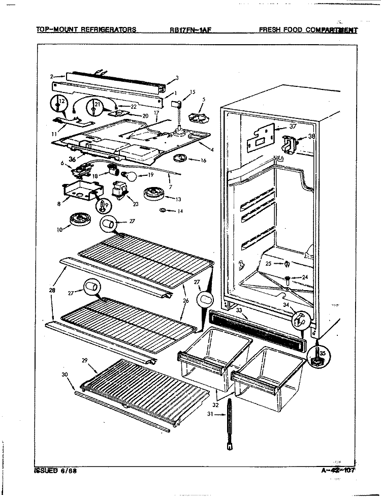 FRESH FOOD COMPARTMENT Diagram and Parts List for RB17FA1AF 7D66A Magic Chef Refrigerator