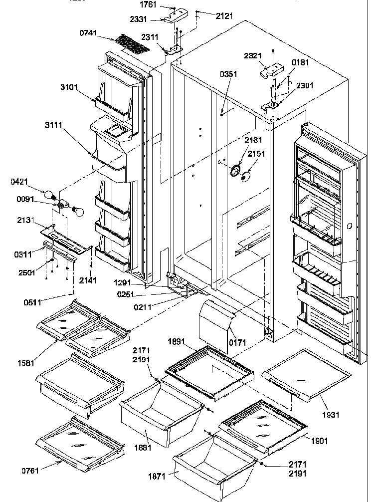 Refrigerator/freezer Shelves, Light And Hinges Diagram and Parts List for SBDE20S4SW-P1190906WW  Amana Refrigerator