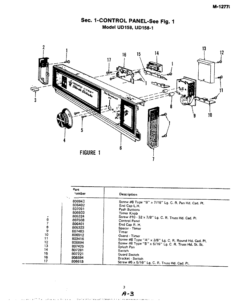 CONTROL PANEL (UD158) Diagram and Parts List for UD158-1  Magic Chef Dishwasher