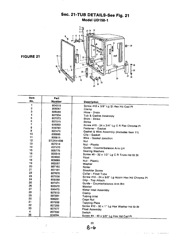 TUB (UD158 - 1) Diagram and Parts List for UD158-1  Magic Chef Dishwasher