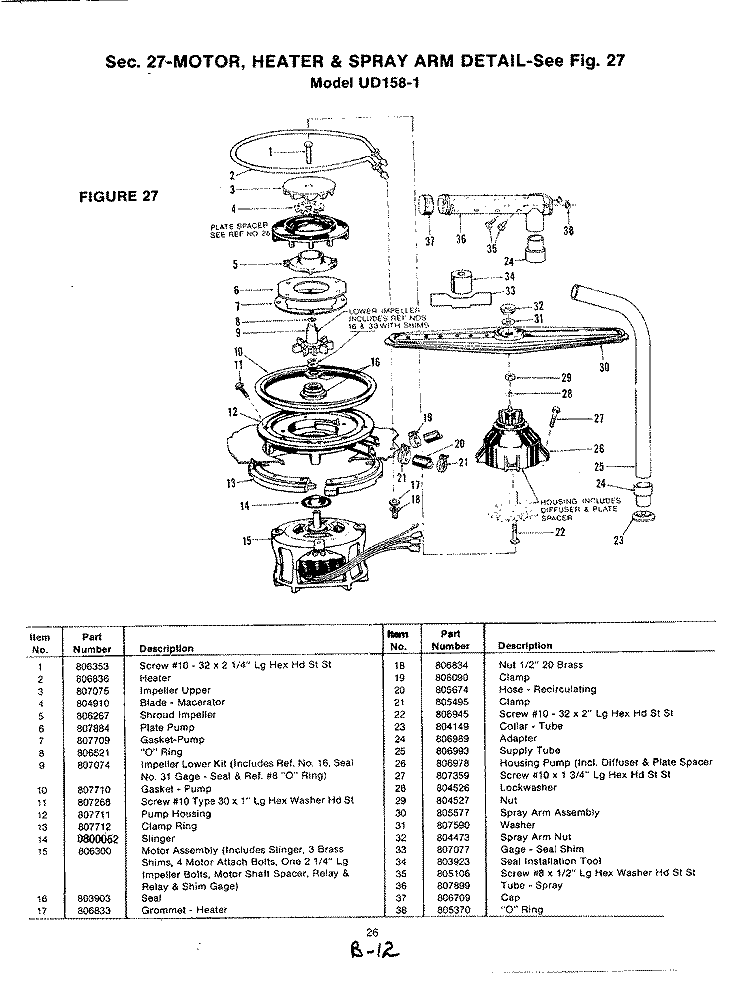 HEATER & SPRAY ARM DETAIL (UD158 - 1) Diagram and Parts List for UD158-1  Magic Chef Dishwasher