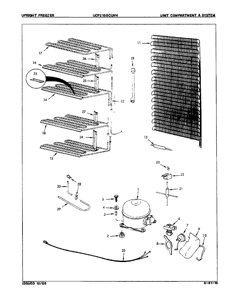 UNIT COMPARTMENT & SYSTEM Diagram and Parts List for UCP210BCLWH  Maytag Freezer