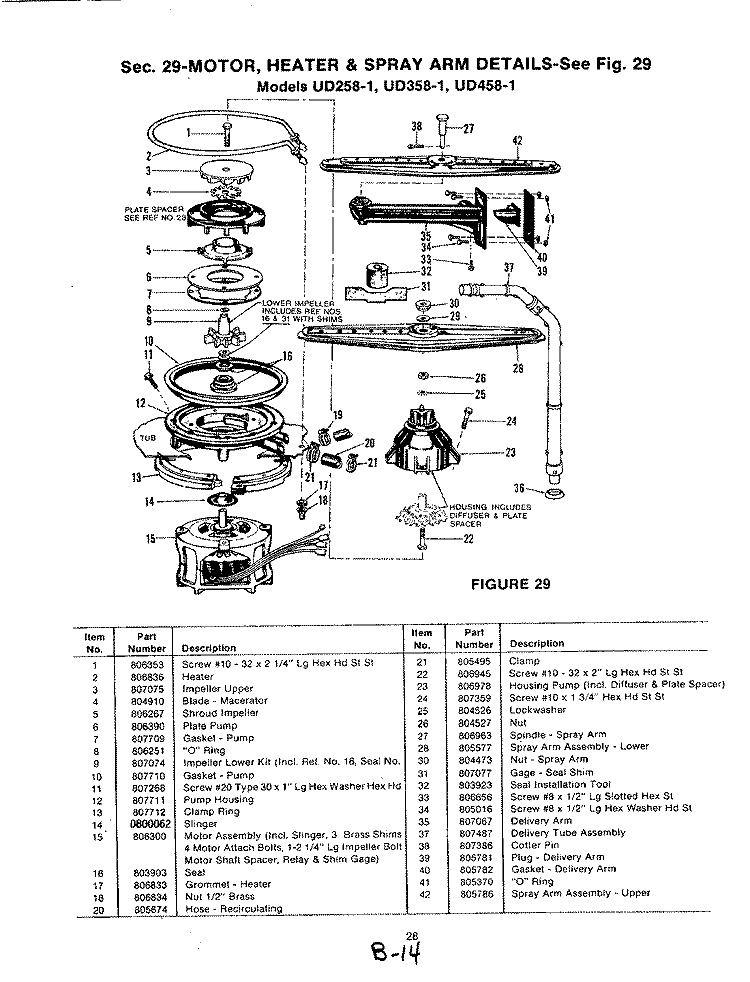 MOTOR, HEATER & SPRAY ARM (UD458 - 1) Diagram and Parts List for UD458-1  Magic Chef Dishwasher