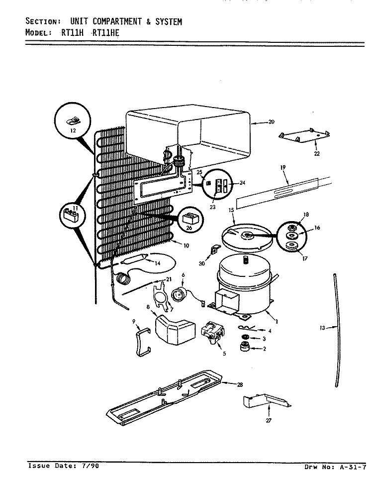 UNIT COMPARTMENT & SYSTEM Diagram and Parts List for RT11H E7T002 Admiral Refrigerator