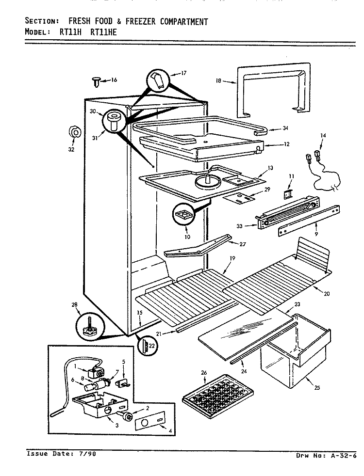 FRESH FOOD & FREEZER COMPARTMENT Diagram and Parts List for RT11HE E9T002 Admiral Refrigerator