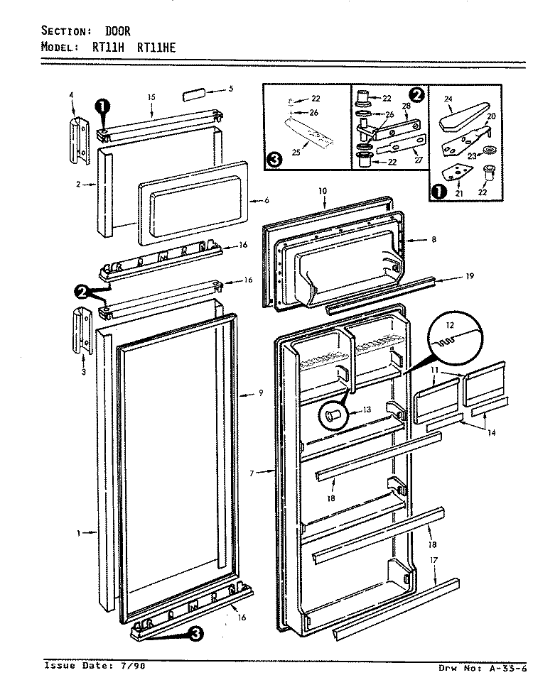 DOORS Diagram and Parts List for RT11HE E9T001 Admiral Refrigerator