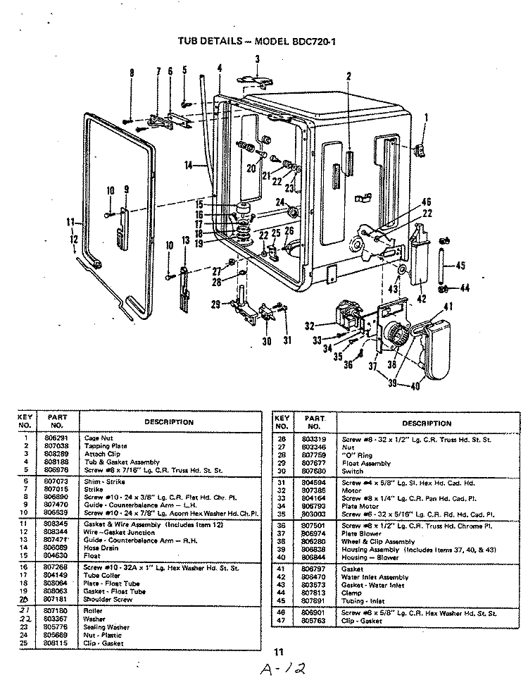 TUB (BDC720 - 1) Diagram and Parts List for BDC720-1  Magic Chef Dishwasher