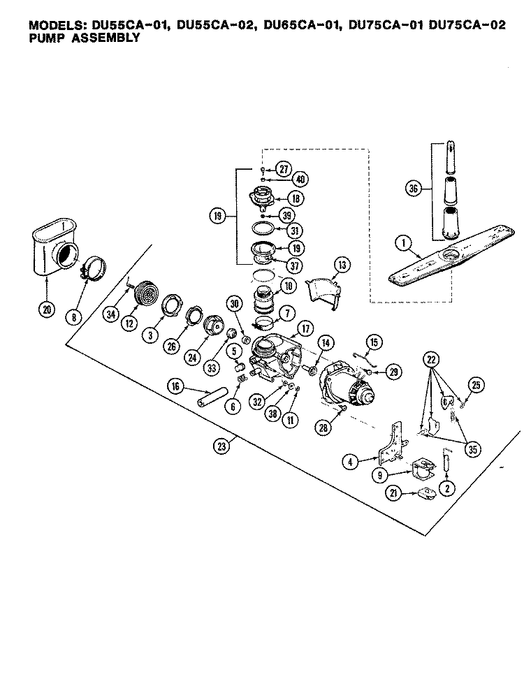 PUMP ASSEMBLY Diagram and Parts List for DU55CA-01  Magic Chef Dishwasher