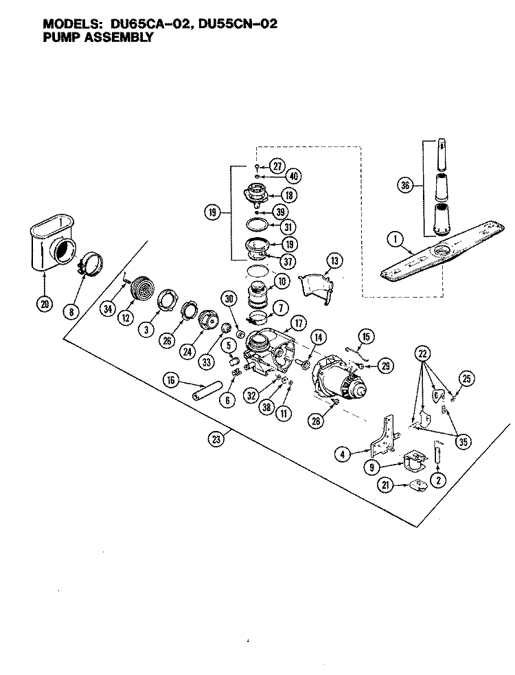PUMP ASSY. (DU65CA - 02) Diagram and Parts List for DU65CA-01  Magic Chef Dishwasher